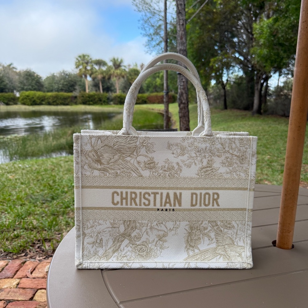 Christian Dior Gold/White Toile De Jouy Embroidered Canvas Medium Book Tote